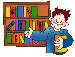 Boy pointing at Bookshelf